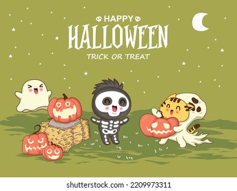 Vintage Halloween poster design with vector ghost, cat, skeleton, jack o lantern character. 