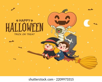 Vintage Halloween poster design with vector vampire, witch, mummy, cat,  jack o lantern character. 