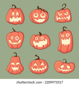Vintage Halloween poster design with vector jack o lantern character set. 