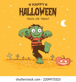 Vintage Halloween poster design with vector zombie, jack o lantern character. 
