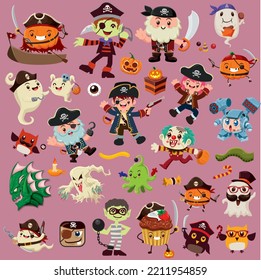 Vintage Halloween poster design with vector pirate, clown, jack o lantern character set. 