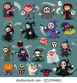 Vintage Halloween poster design with vector reaper, jack o lantern, cupcake character set. 