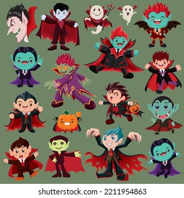 Diseño vintage de afiches de Halloween con vampiro vectorial, jack o linterna juego de caracteres. 