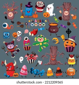 Vintage Halloween poster design with vector monster, jack o lantern character set. 