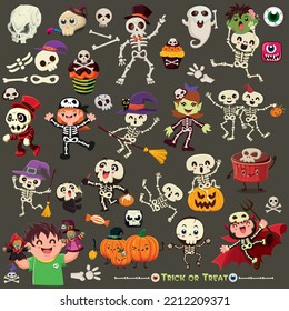 Vintage Halloween poster design with vector skeleton Jack o lantern character set. 