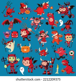 Vintage Halloween poster design with vector demon, devil, jack o lantern character set. 