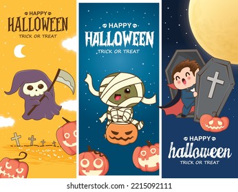 Vintage Halloween poster design with vector vampire, mummy, reaper, jack o lantern, reaper character. 