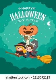 Vintage Halloween poster design with vector vampire, witch, mummy, cat,  jack o lantern character. 