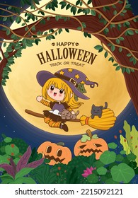 Vintage Halloween poster design with vector witch character. 