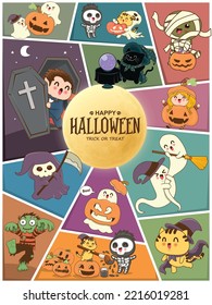 Vintage Halloween poster design with vector vampire, mummy, reaper, jack o lantern, reaper character. 