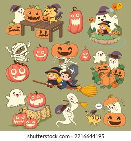 Vintage Halloween poster design with vector vampire, mummy, jack o lantern, ghost character. 