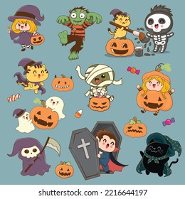 Vintage Halloween poster design with vector witch, vampire, skeleton, zombie, mummy, jack o lantern, ghost character. 