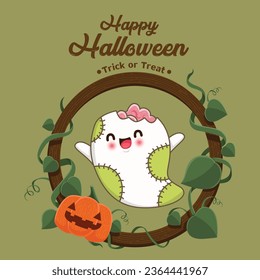 Vintage Halloween poster design with vector ghost, pumpkin character. 