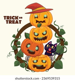 Vintage Halloween poster design with vector cat and jack o lantern character. 