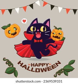 Vintage Halloween poster design with vector cat and jack o lantern character. 