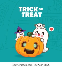 Vintage Halloween poster design with vector ghost, pumpkin character. 