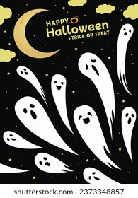 Vintage Halloween poster design with vector ghost, pumpkin character. 