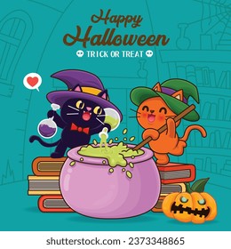 Vintage Halloween poster design with vector cat and jack o lantern character. 