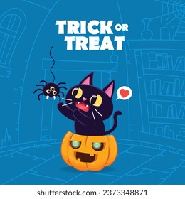 Vintage Halloween poster design with vector cat, spider and jack o lantern character.