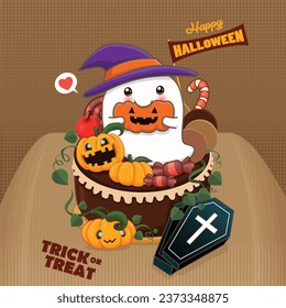 Vintage Halloween poster design with vector ghost, pumpkin character. 