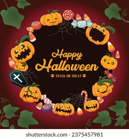 Vintage Halloween poster design with vector pumpkin character. 