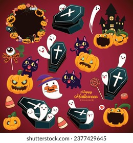 Vintage Halloween poster design with vector ghost, cat, pumpkin character set. 