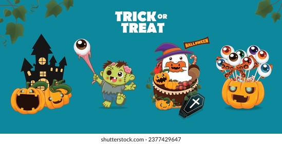 Vintage Halloween poster design with vector zombie, ghost, pumpkin character. 