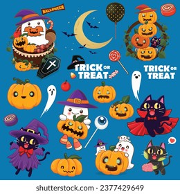 Vintage Halloween poster design with vector vampire, zombie, ghost, cat, pumpkin character set. 