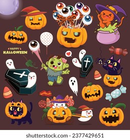 Vintage Halloween poster design with vector zombie, cat, ghost, pumpkin character. 