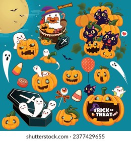 Vintage Halloween poster design with vector ghost, cat, pumpkin character set. 