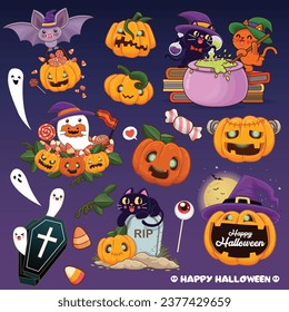 Vintage Halloween poster design with vector ghost, cat, pumpkin character set.