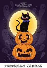 Vintage Halloween cartaz design com vetor gato, jack o lanterna, personagem fantasma.