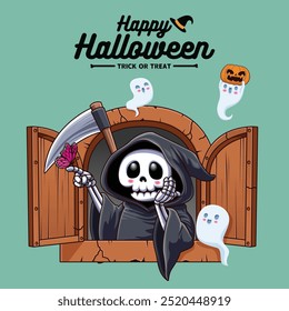 Antiguas diseño de cartel de Halloween con segador de Vector, personaje fantasma. 