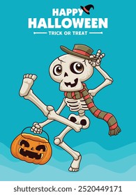 Vintage Halloween poster design with vector skeleton character. 