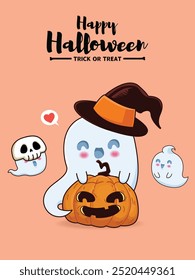Vintage Halloween poster design with vector ghost character. 