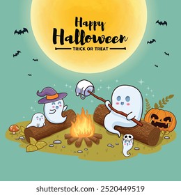 Vintage Halloween poster design with vector ghost character. 