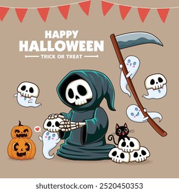 Antiguas diseño de cartel de Halloween con segador de Vector, personaje fantasma. 