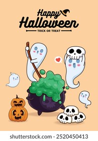 Vintage Halloween cartaz design com caráter fantasma vetor. 