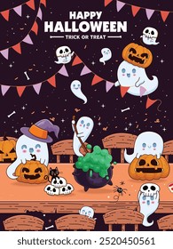 Vintage Halloween poster design with vector ghost character. 
