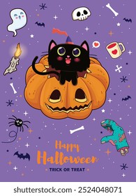 Vintage Halloween cartaz design com vetor gato, jack o personagem lanterna.