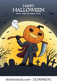 Vintage Halloween cartaz design com fantasma vetor, jack o personagem lanterna. 