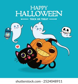 Vintage Halloween cartaz design com vetor gato, jack o lanterna, personagem fantasma. 