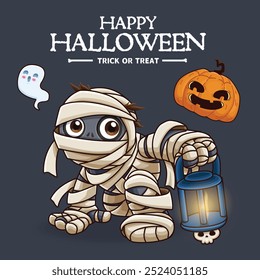 Diseño de póster de Antiguas Halloween con momia de Vector, fantasma, personaje. 