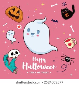 Vintage Halloween cartaz design com vetor fantasma, gato, jack o personagem lanterna. 