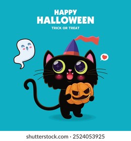 Vintage Halloween cartaz design com vetor gato, jack o lanterna, personagem fantasma. 