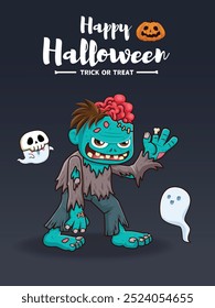 Vintage Halloween cartaz design com vetor zumbi, fantasma, jack o personagem lanterna. 