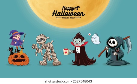 Diseño de póster de Antiguas Halloween con bruja de Vector, vampiro, momia, segadora, fantasma, gato o personaje de linterna. 