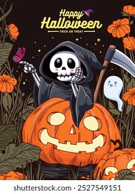 Antiguas diseño de cartel de Halloween con segador de Vector, personaje fantasma. 