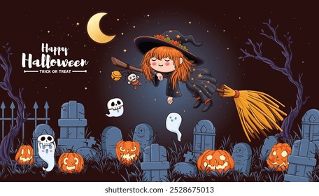 Vintage Halloween poster design with vector witch, ghost, jack o lantern character. 