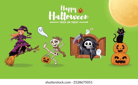 Diseño de póster de Antiguas Halloween con bruja de Vector, esqueleto, segador, fantasma, gato o personaje de linterna. 